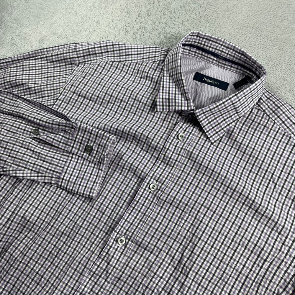 Zegna Sport Mens XL Purple Black Check Long Sleeve Button Down Shirt